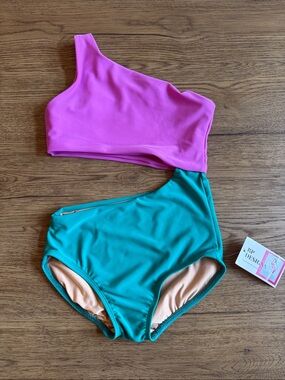NWT Girls' One-Shoulder Colorblock Dance Leotard in Violet and Jade